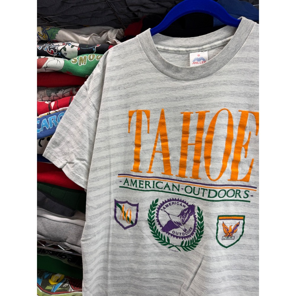 Vintage 90s Miller Tahoe American Outdoors Striped T-Shirt Mens Large Grey 6436